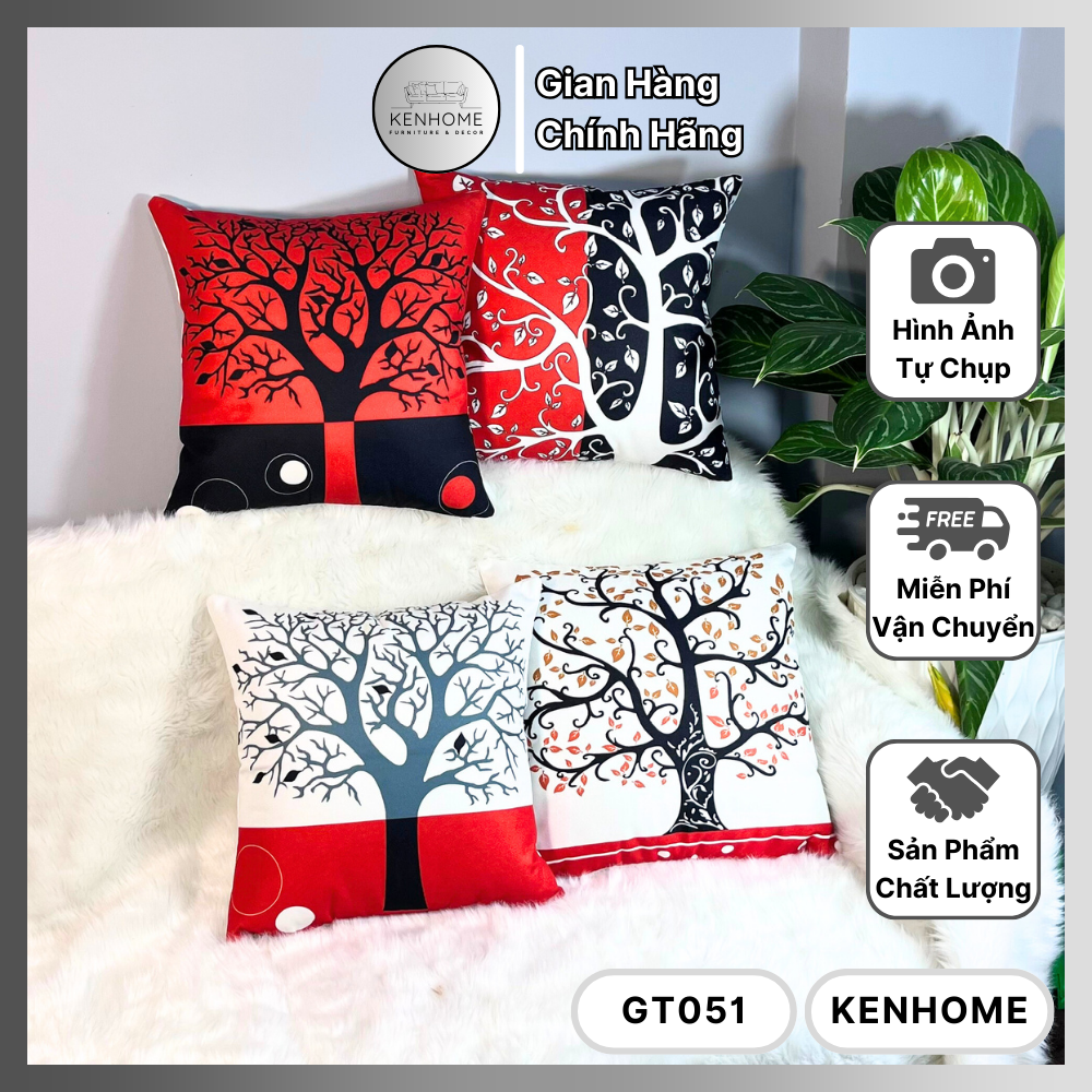 Gối Sofa Họa Tiết Cây Phát Tài - Gối Tựa Lưng Sofa Đỏ Đen Decor Phòng Khách, Khách Sạn - Vải Bố Cao Cấp - Kích Thước 45x45cm