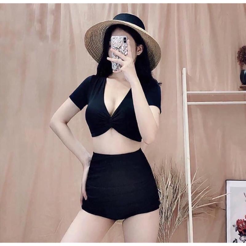 Bikini 2 mảnh cạp cao xoắn ngực tay ngắn tôn dáng gợi cảm sang chảnh đồ bơi nữ đi biển thun lạnh co dãn 4 chiều QP001