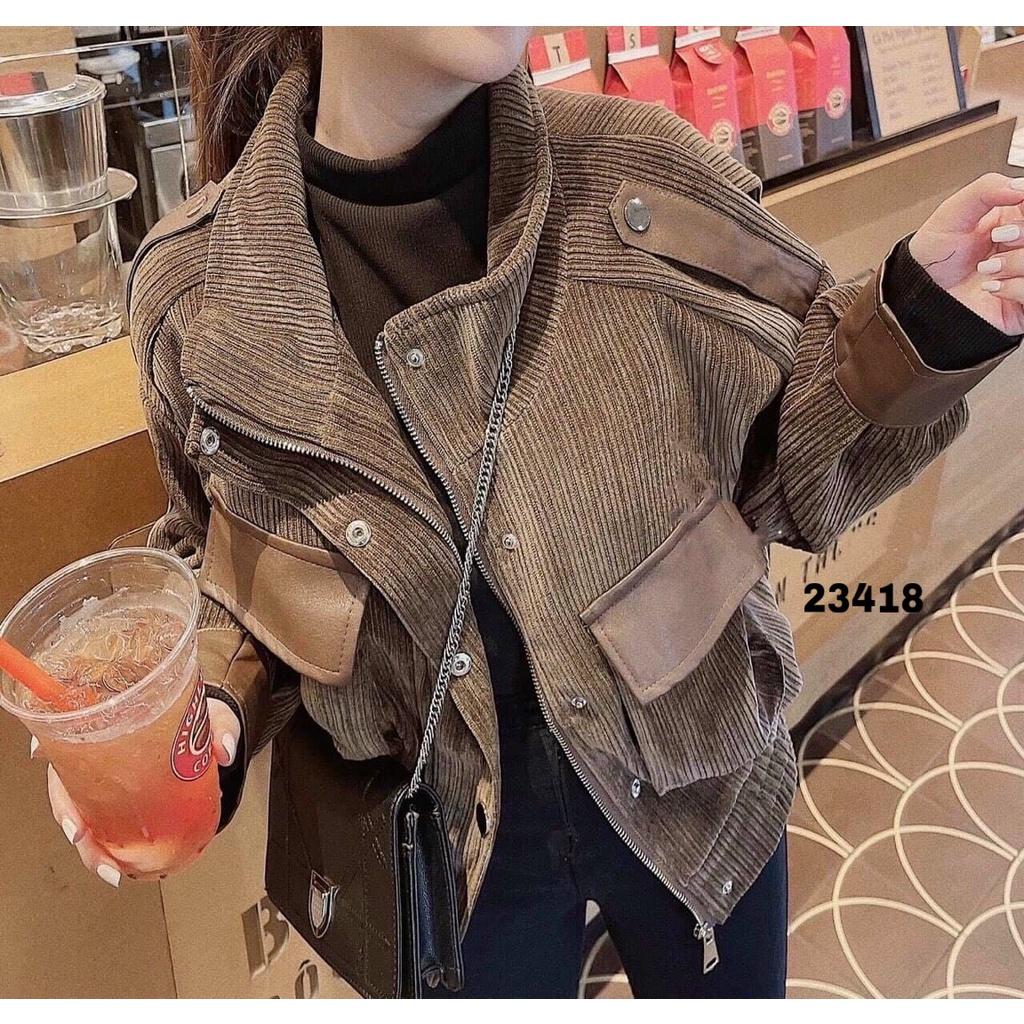 23418KH23418-Khoác nhung tăm 2 túi hộp nắp da bo gấu HM