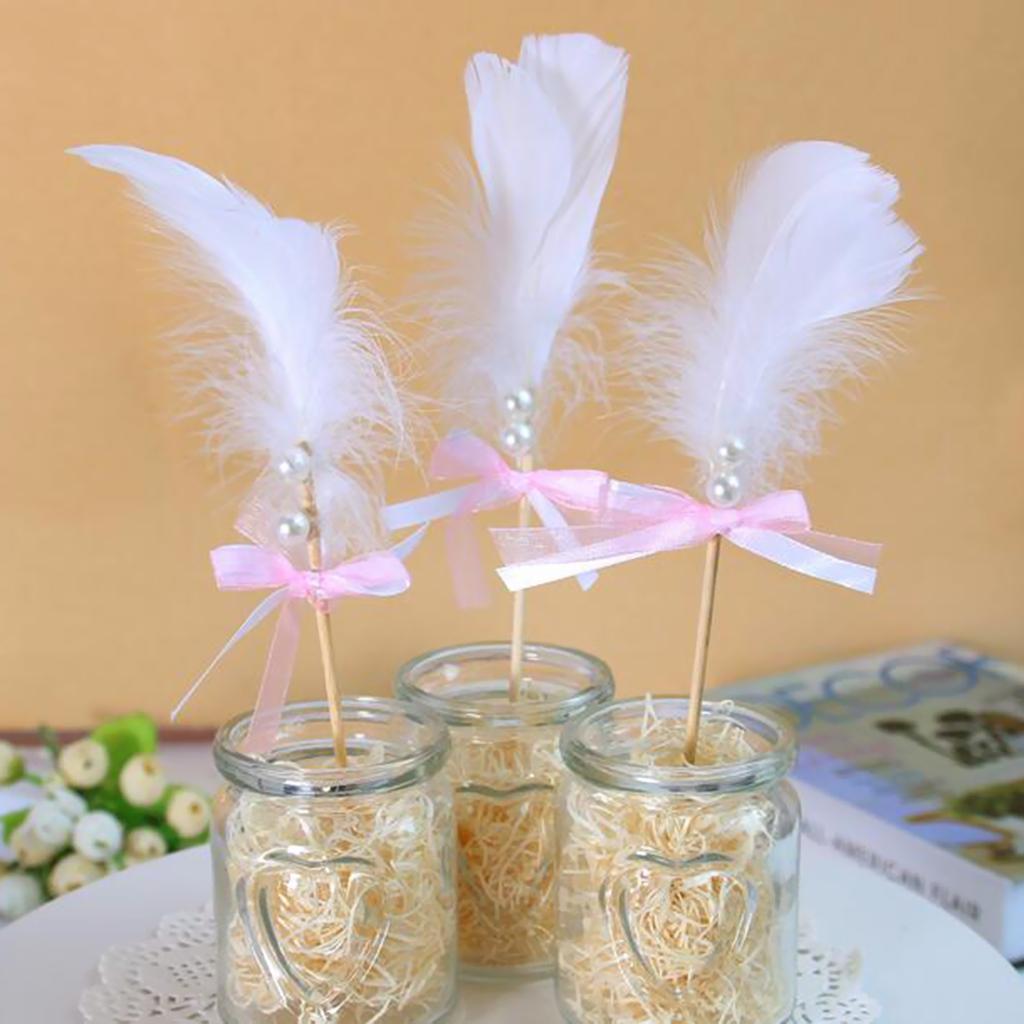 Cake Topper Insert Sticks with Feather Wedding Party Cake Decoration White