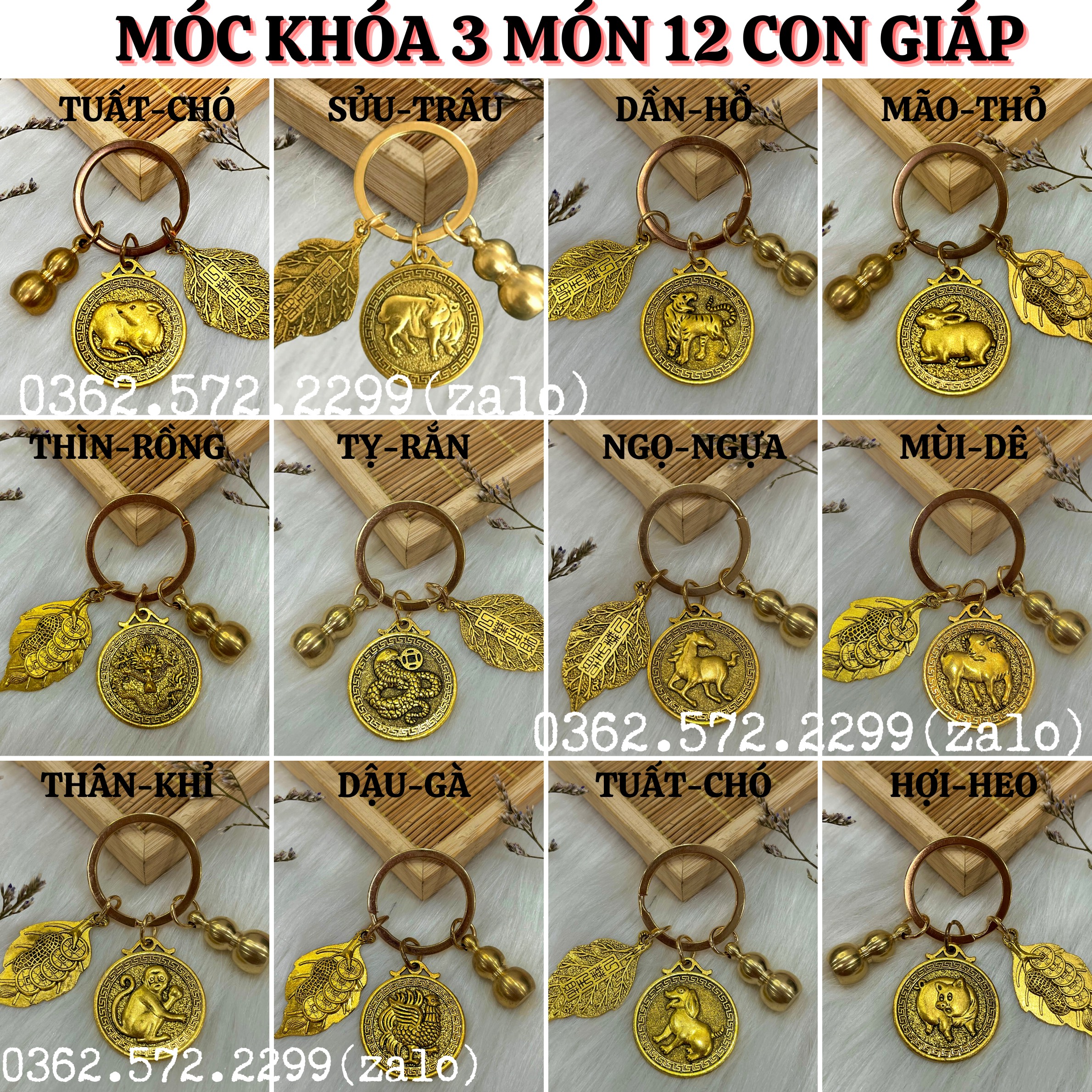 Móc khóa con giáp 3 món bằng đồng hợp kim phong thủy tài lộc may mắn