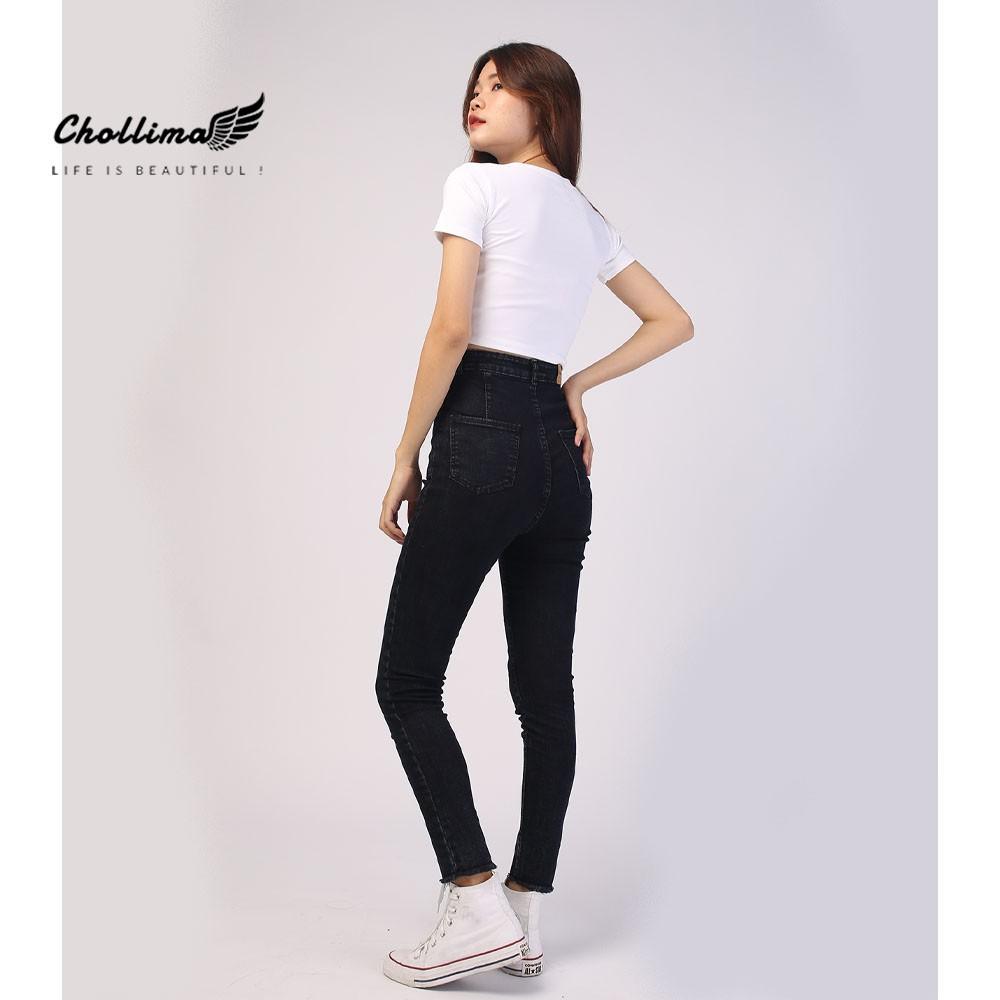 Quần jeans nữ co giãn Chollima cạp siêu cao đắp 2 túi tròn – quần bò nữ cạp siêu cao