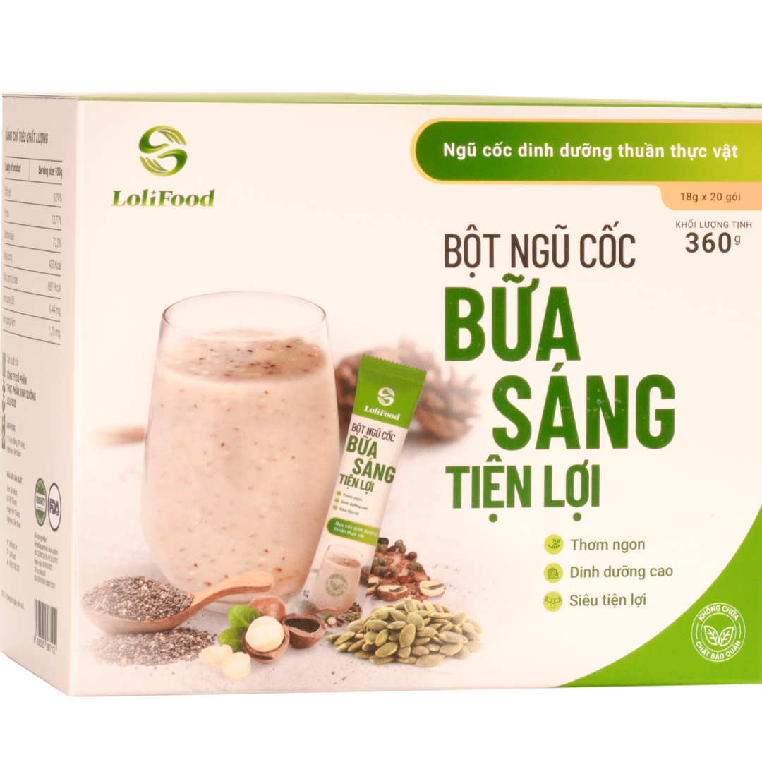 Bột Ngũ Cốc Bữa Sáng Tiện Lợi Lolifood - Bột Ngũ Cốc Dinh Dưỡng 100% Tự Nhiên; Thay Thế Bữa Ăn Sáng, Bổ Sung Vào Bữa Phụ (Hộp 20 gói*18gr)