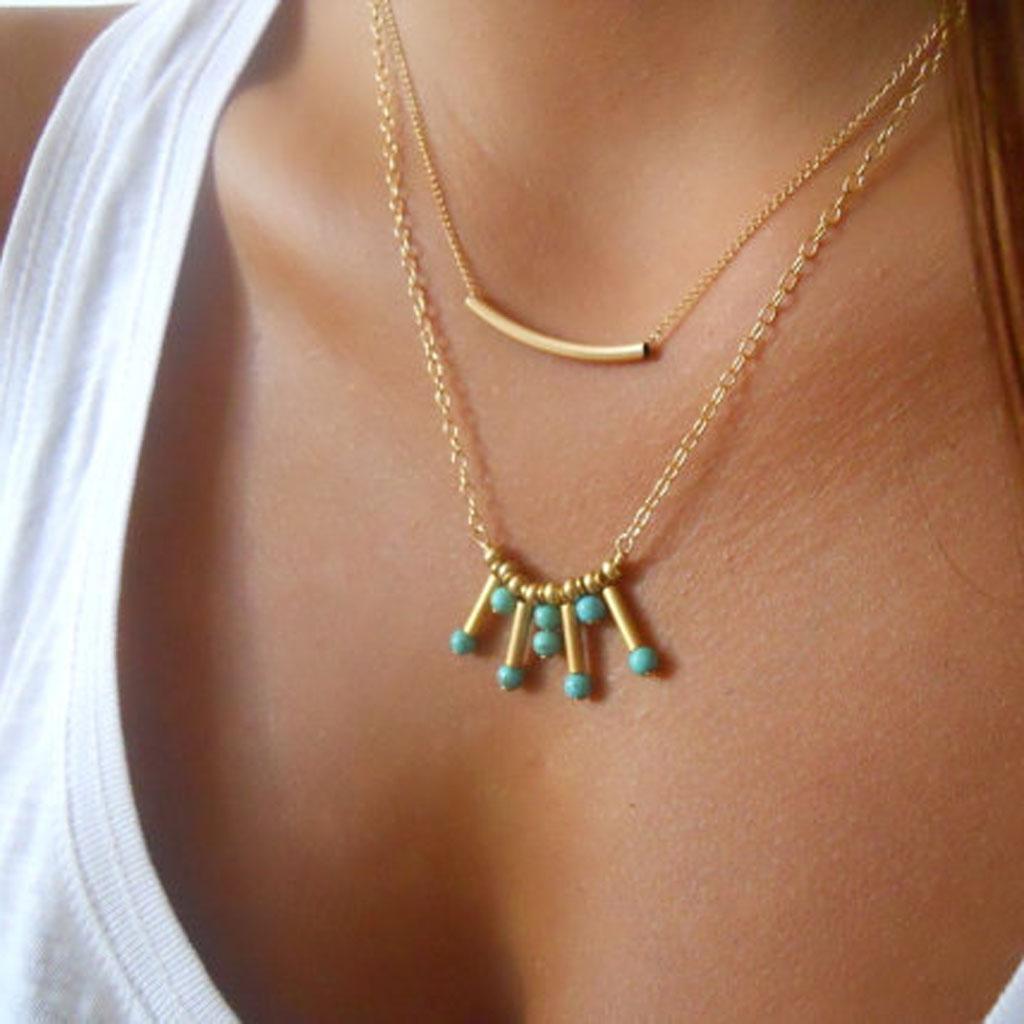 Double Layer Gold Necklace Chain With Turquoise Tube Bead Pendant Charm