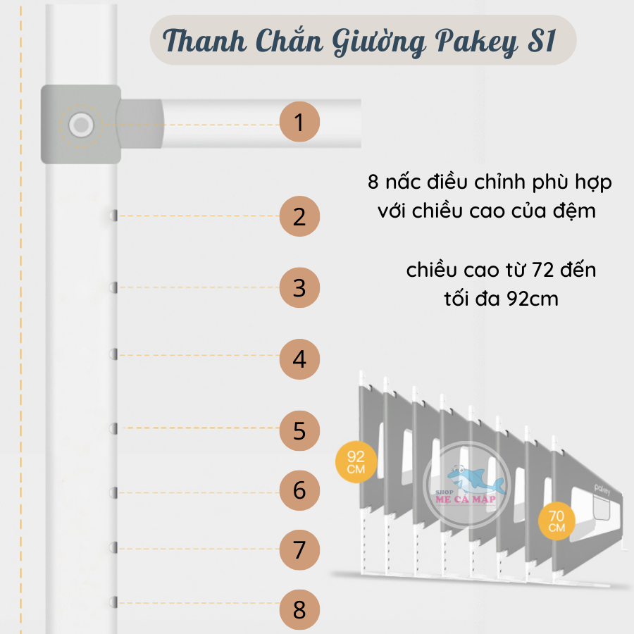 Thanh chắn giường Pakey S1 NEW 2022, KHUNG SIÊU DÀY nâng hạ 1 bên cao cấp Màu Ghi