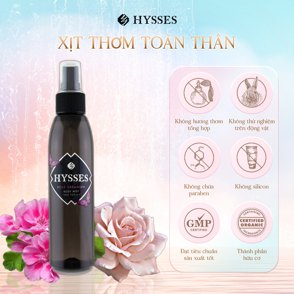 Xịt Thơm Toàn Thân Body Mist Hysses Cao Cấp Hương Nước Hoa Lưu Hương Lâu Thơm Ngọt, Sang Trọng, Quyến Rũ, Lãng Mạn, Dưỡng Ẩm, Làm Sáng Da Với Tinh Dầu Hoa Hồng - Phong Lữ Hữu Cơ Tự Nhiên