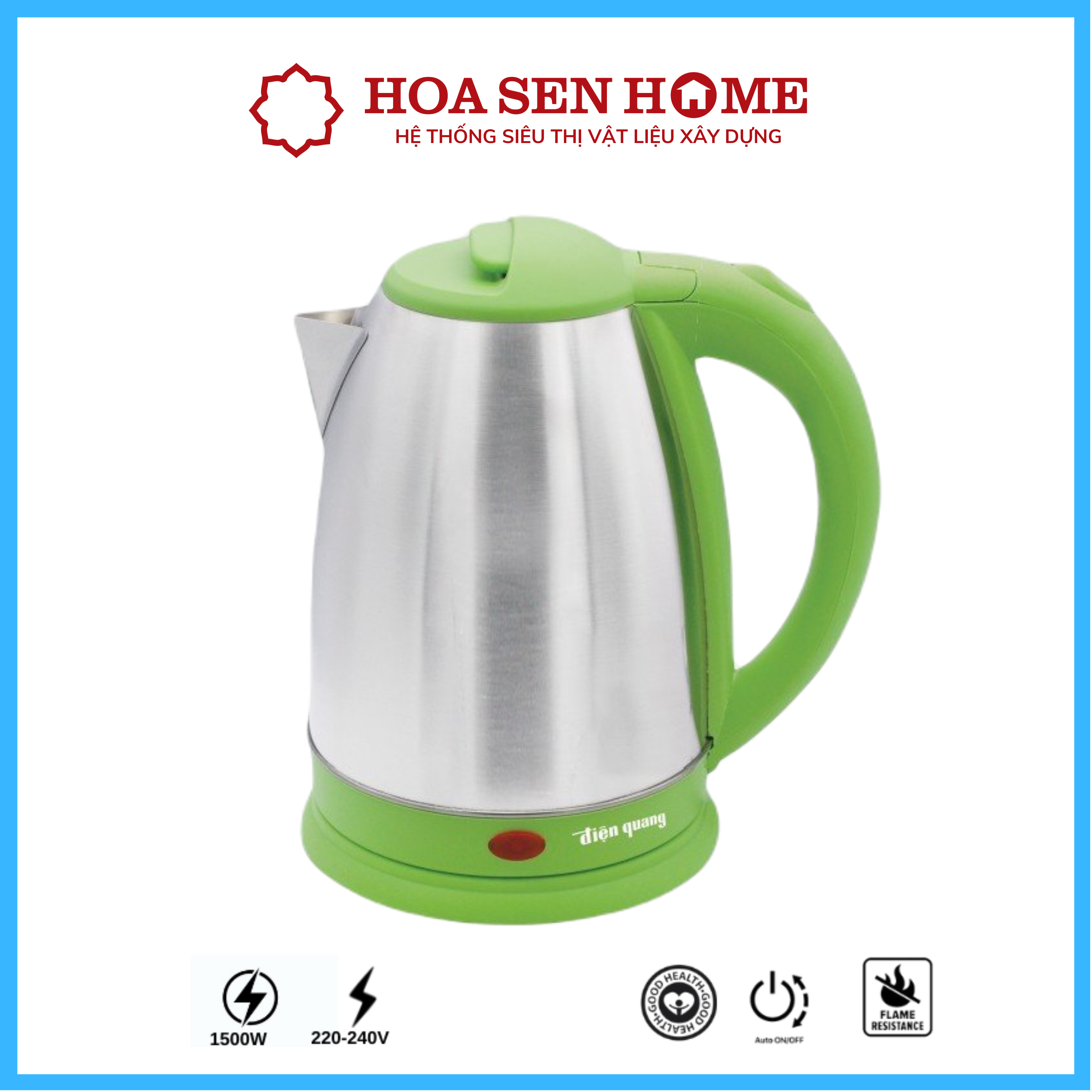 Ấm đun nước siêu tốc Điện Quang EKT06 1518 BL 1500W, 1.8L, inox 201, nhựa PP màu đen - Hoa Sen Home - Hàng chính hãng