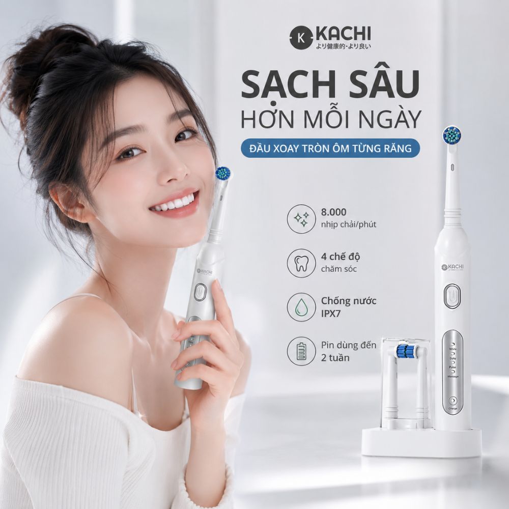 Bàn chải điện đầu xoay tròn Kachi MK361 kèm đế sạc không dây và 2 đầu bàn chải