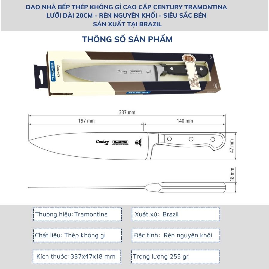 Dao Bếp Chuyên Thái Cao Cấp Tramontina Century Chiều Dài 20Cm Dáng Âu Mũi Nhọn Chất Liệu Thép Không Gỉ Siêu Sắc Bén Rèn Nguyên Khối Sản Xuất Tại Brazil Bảo Hành 25 Năm