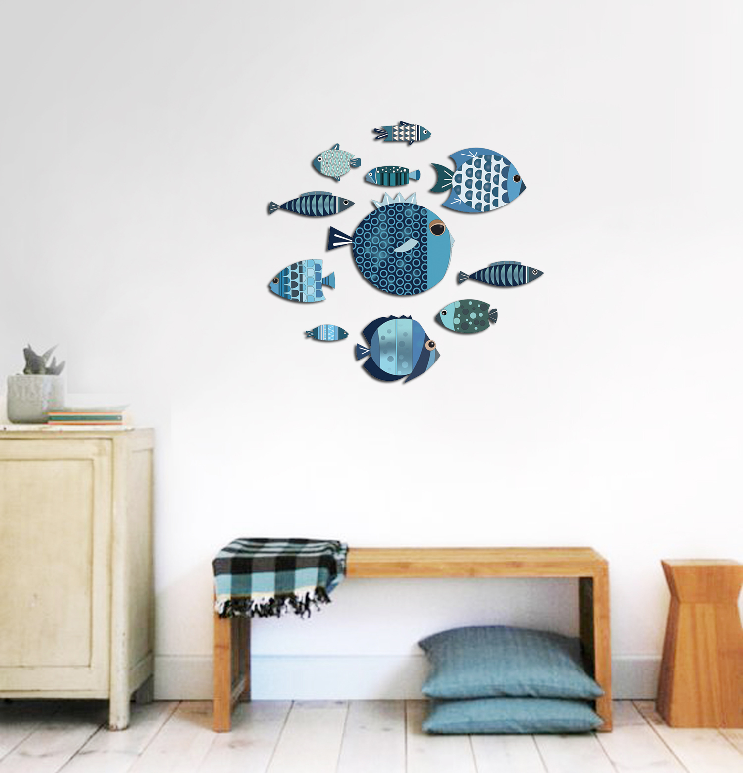Tranh treo tường trang trí phòng khách, phòng ngủ - Bộ tranh The Little Blue Fishes (Những chú cá xanh bé xinh) hiện đại - Tặng kèm băng dính 3M chuyên dụng - BF16