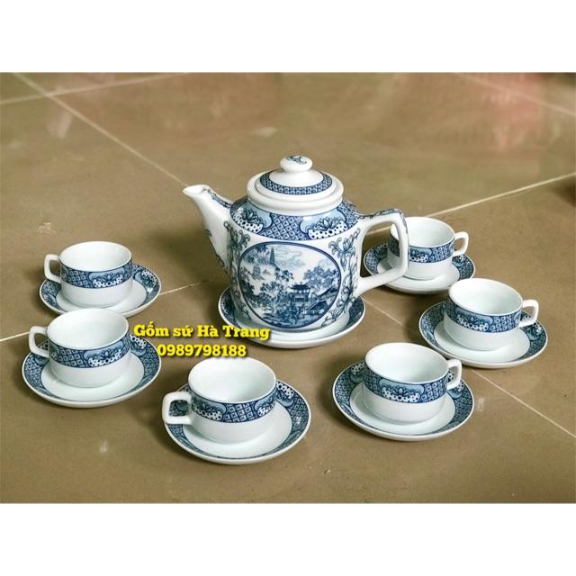 Ấm chén Bát Tràng men trắng có hoạ tiết