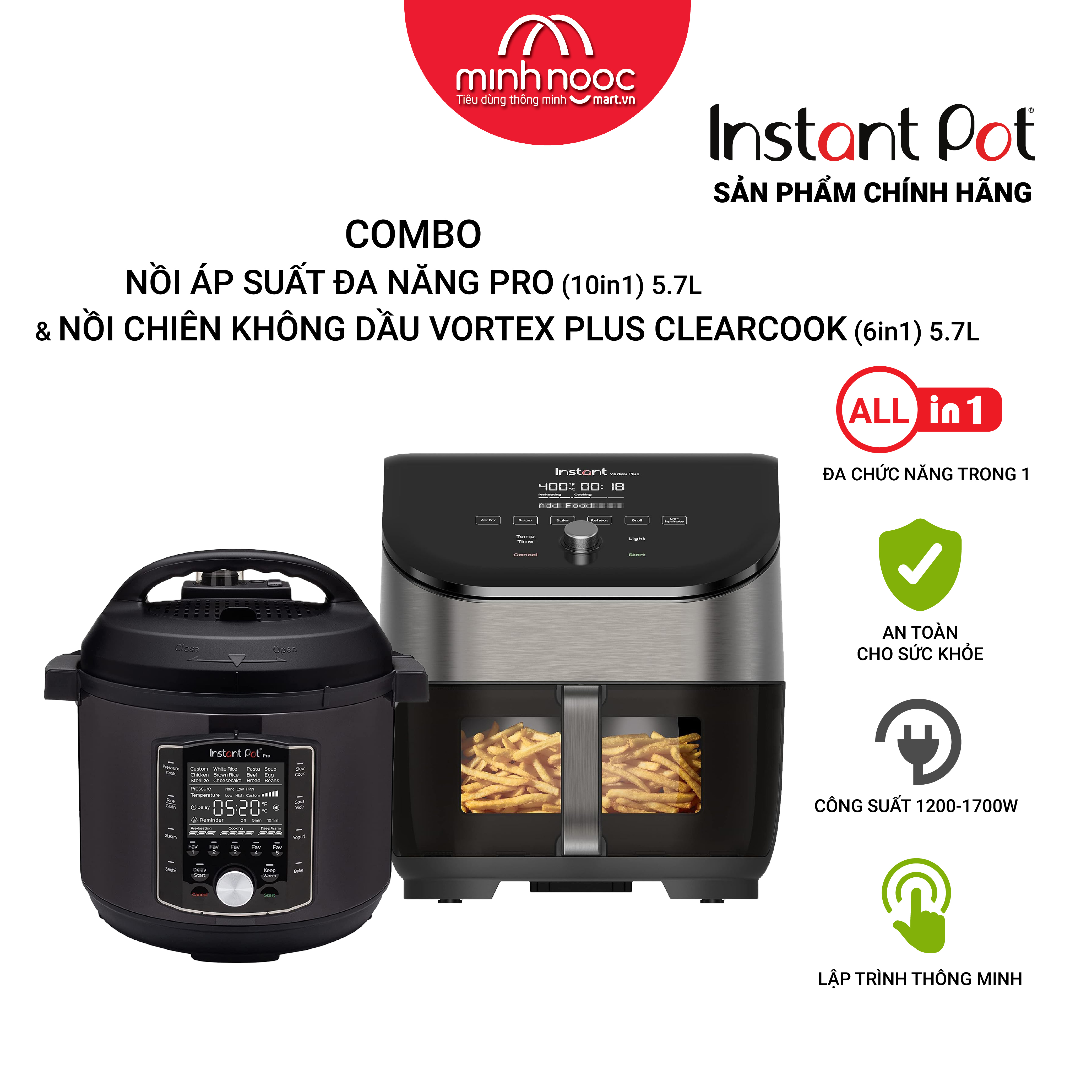 [Hàng chính hãng] COMBO 2-Nồi áp suất điện Đa Năng Instant Pot Pro 10 chức năng trong 1 (10 in 1), dung tích  5.7 lít &amp; Nồi chiên không dầu Instant Vortex Plus ClearCook, dung tích 5.7 lít. 7 chức năng trong 1 ( 7 in 1)