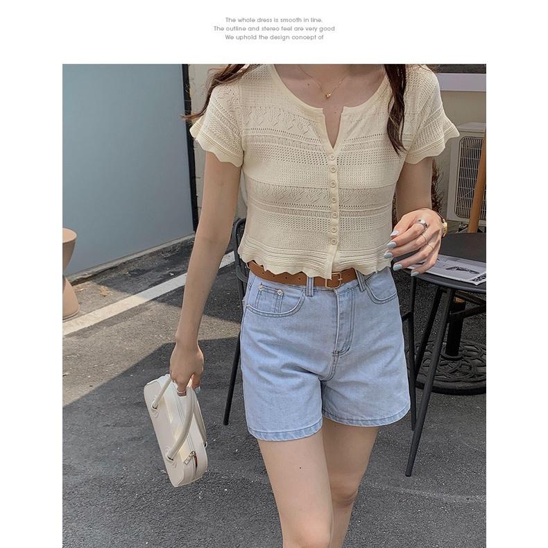 MS247 Áo len lỗ đính khuy viền sóng dáng ngắn