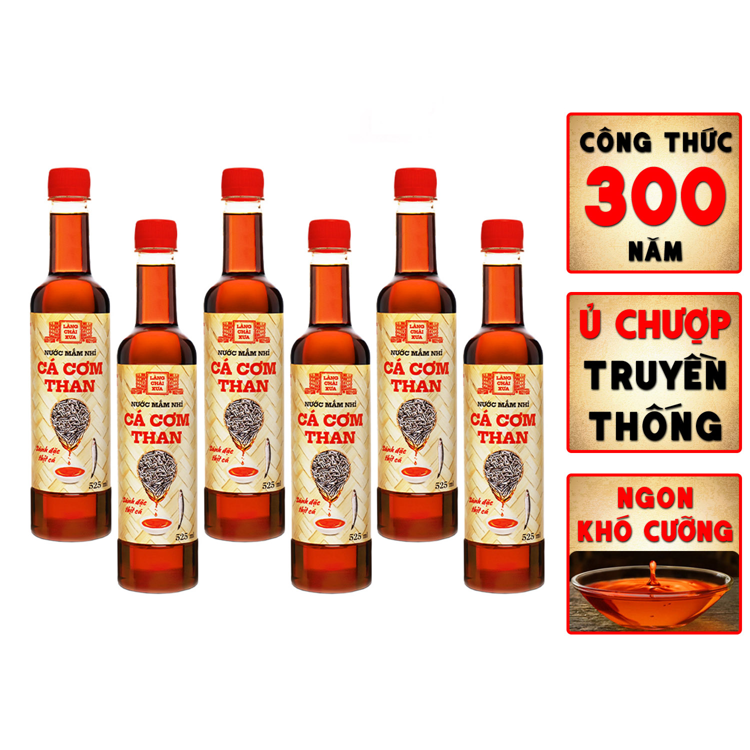 Thùng 6 chai nước mắm nhỉ cá cơm than Làng Chài Xưa 525ml/chai sánh đặc thịt cá 300 năm truyền thống