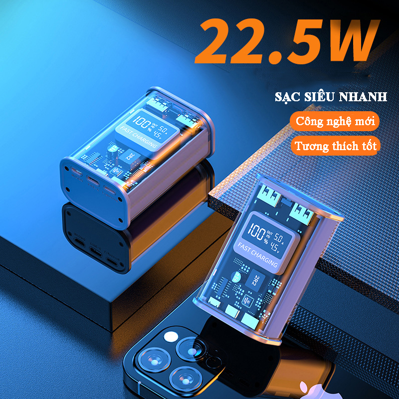 Sạc dự phòng trong suốt Fast Charging 10000mA công suất 22.5W tích hợp màn hình led thông minh quản lý dung lượng pin hỗ trợ 5 cổng sạc