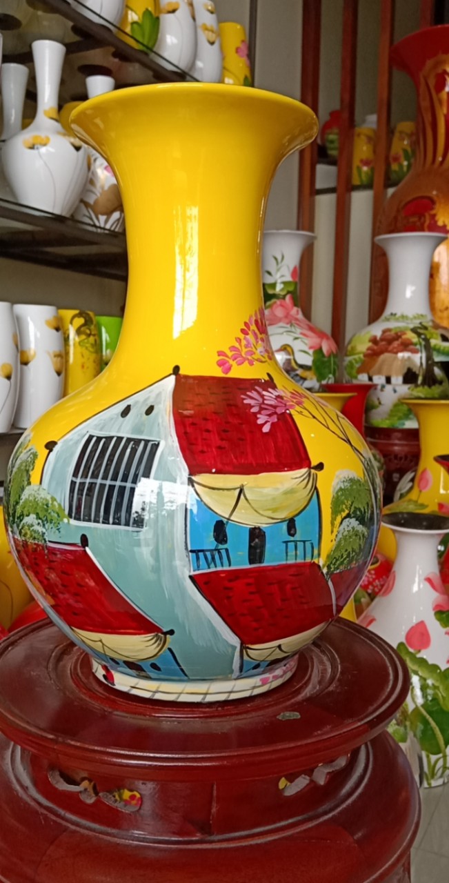 Bỉnh tỏi cắm hoa gốm sứ Bát Tràng vẽ phố cổ
