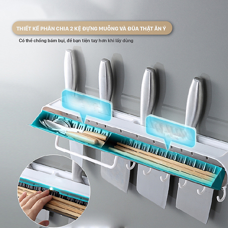Kệ Đựng Dao Dán Tường Đa Năng, Kệ Cài Dao Kéo, Kệ Để Dao Có Móc Treo, Ngăn Để Muỗng & Đũa - Giá Dắt Dao Kéo Dán Tường Có Móc Treo Đồ Dùng Nhà bếp - Giao Màu Ngẫu Nhiên