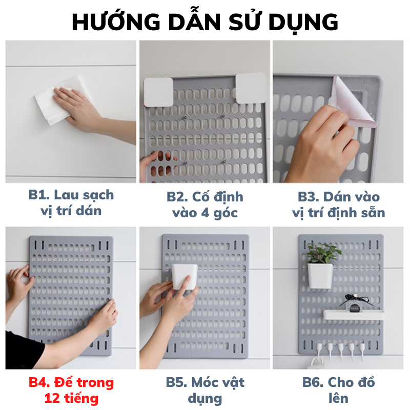 Bảng lỗ pegboard nhựa dán tường, kệ để đồ treo tường đa năng không cần khoan