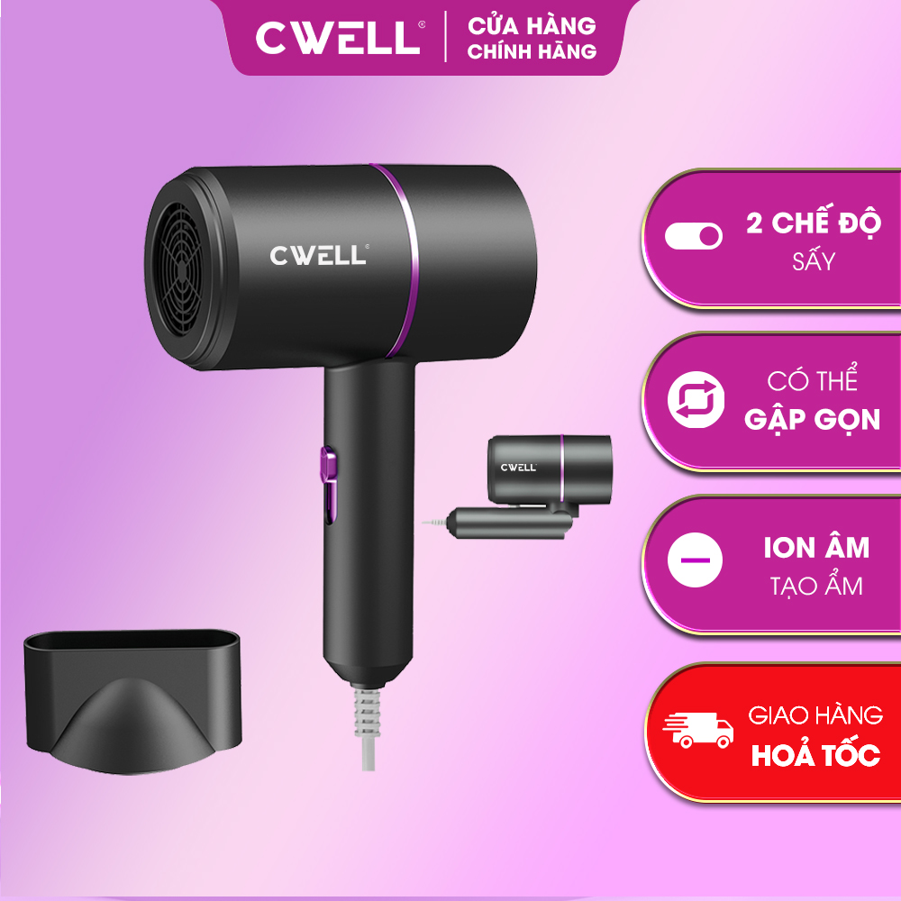 Máy sấy tóc mini CWELL gập gọn 2 chiều nóng lạnh, công nghệ ion âm hạn chế hư tổn, công suất 1200W C01HD