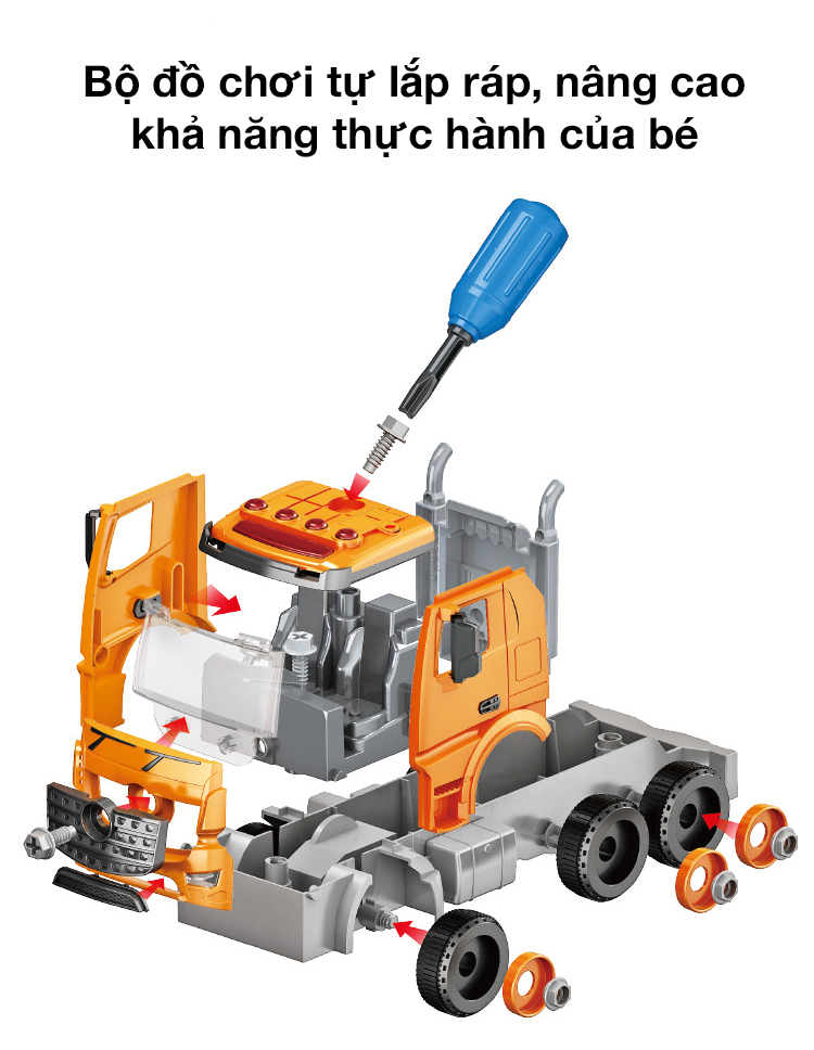 Đồ chơi lắp ráp xe tải chở rác KAVY kèm 1 thùng rác có nhạc và đèn, kích thước lớn giúp bé phát triển các kĩ năng cơ bản