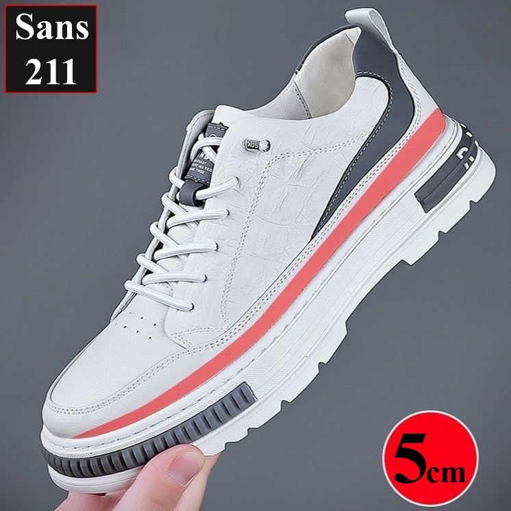 Giày thể thao nam độn đế 6cm Sans211 sneaker da bò thật tăng chiều cao đẹp màu trắng có size nhỏ 37 vân cá sấu full box