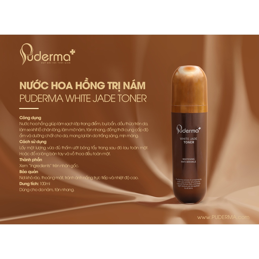 Nước hoa hồng hỗ trợ mờ nám Puderma White Jade Toner 100 ml: Làm sạch lớp bụi bẩn sâu trong da, Cấp ẩm, mờ vết thâm, sạm, nám, tàn nhang, bảo vệ tế bào da khỏi tổn thương, chống lại sự lão hóa da, giảm sự hình thành các nếp nhăn. 