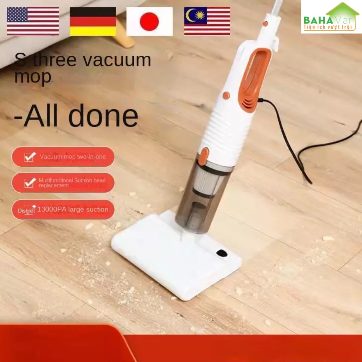 MÁY ĐA NĂNG TÍCH HỢP HÚT BỤI VÀ LAU NHÀ KÉP KHÔ VÀ ƯỚT "BAHAMAR" Lực hút chân không cực mạnh lau kép khô và ướt theo nhu cầu sử dụng