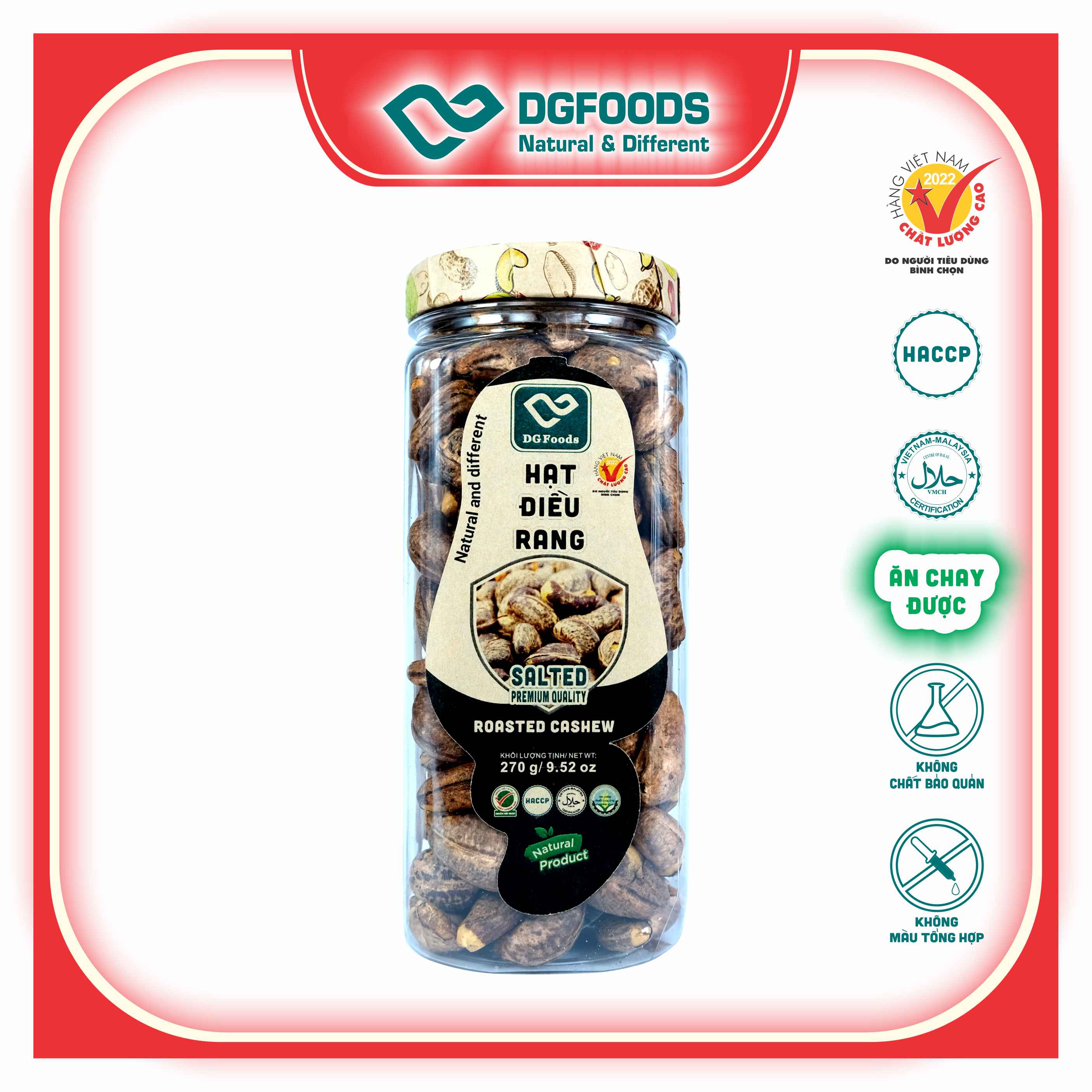 Hạt Điều Rang DGfoods 270g/ Roasted cashew/ HVNCLC, Haccp, Halal, Ăn chay, Ăn kiêng, Đặc sản Cần Thơ, Hạt điều bình phước