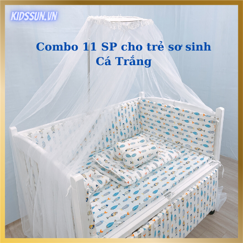 Giường Cũi - Nôi Cũi  Cho Bé Từ Sơ Sinh Đến 5 Tuổi - Chất Liệu Gỗ Quế Màu Trắng – Combo đầy đủ 11 sản phẩm cho trẻ sơ sinh Kích thước 70 x 110 x 86cm ( R x D x C ) 