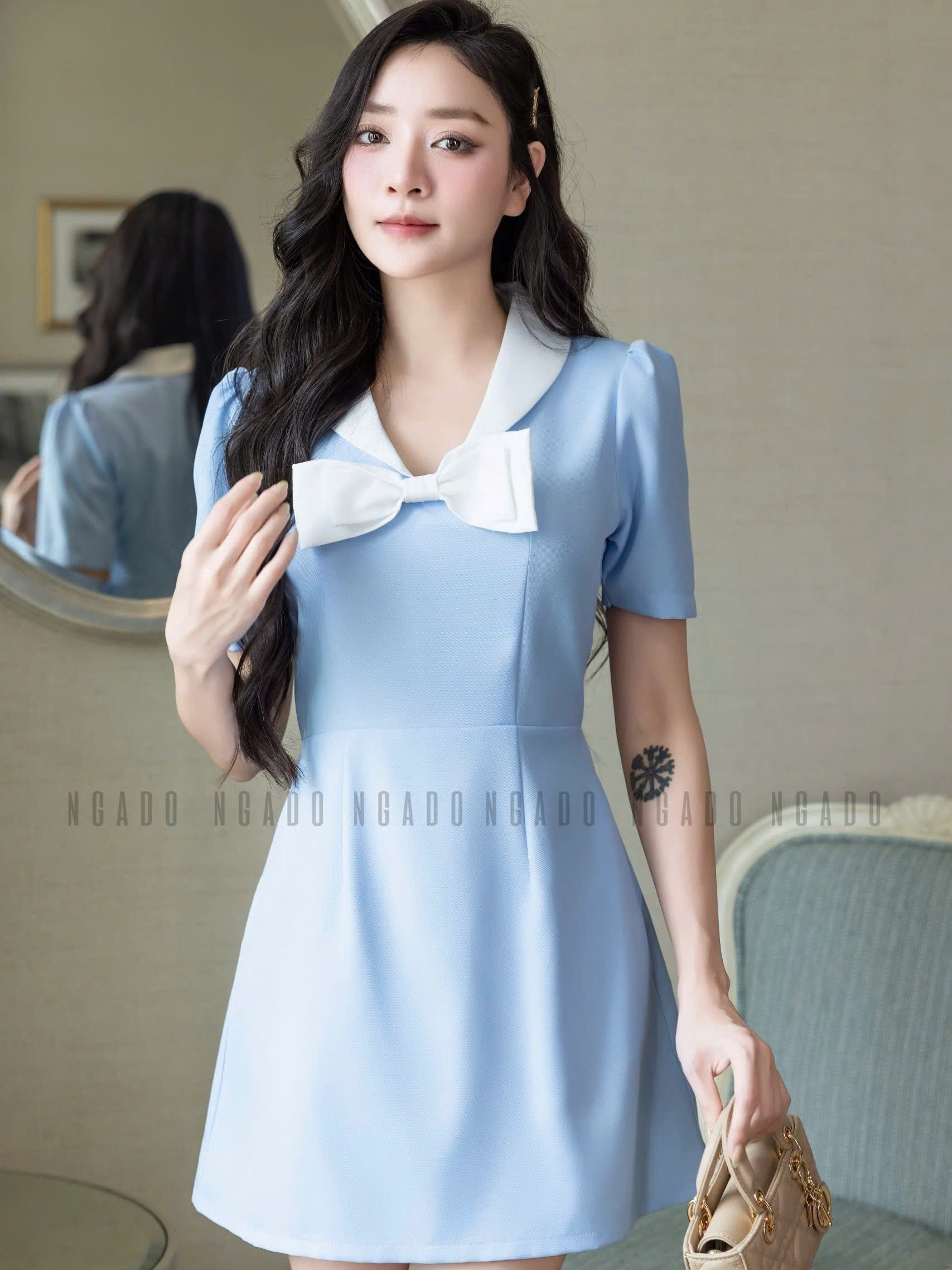 Đầm xanh cổ trắng đính nơ NGADO , đầm dự tiệc, đầm dạo phố
