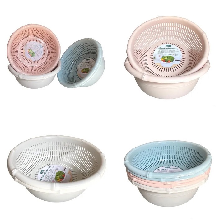 Bộ rổ kèm chậu hứng nước rửa rau củ đựng hoa quả trái cây 2 lớp siêu cứng siêu bền