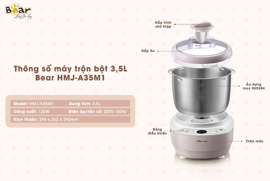 Máy Nhào Ủ Bột, Máy Làm Bánh Mỳ BEAR HMJ-A35M Dung Tích 3.5 Lít Công Suất 120 W - Hàng Chính Hãng