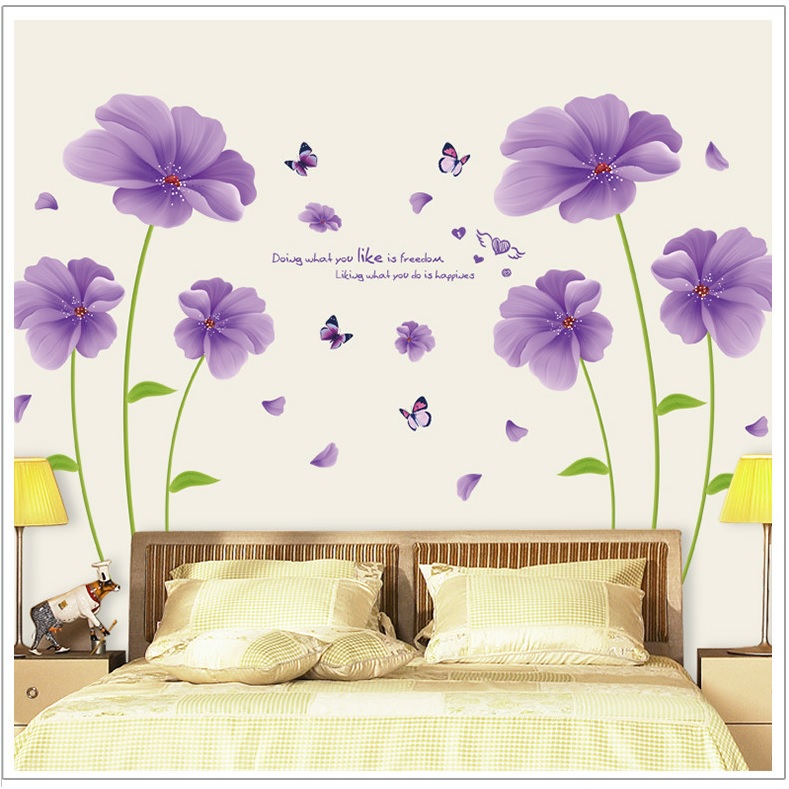 Decal dán trang trí phòng ngủ, phòng khách Hoa màu tím lãng mạn ấm cúng và thông điệp ý nghĩa (100 x 150 cm)