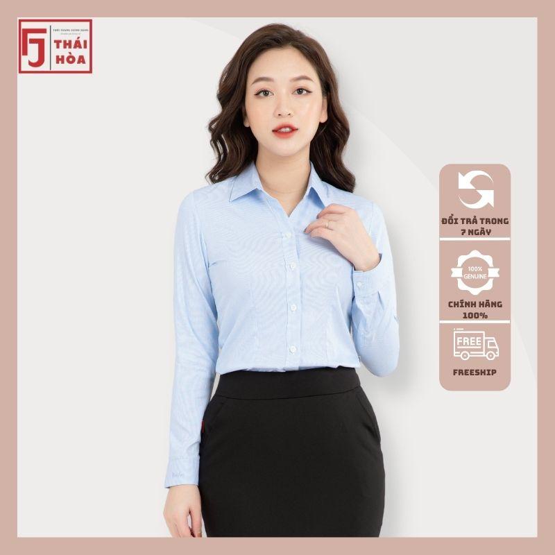 Áo sơ mi nữ Thái Hoà đẹp cao cấp kẻ tăm caro màu xanh cotton công sở 631-12-01