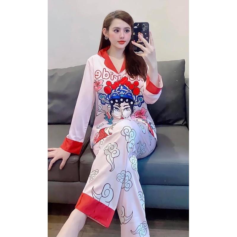 BỘ LỤA PIJAMA DÀI CAO CẤP HOẠ TIẾT CÔ GÁI SIÊU CƯNG 2