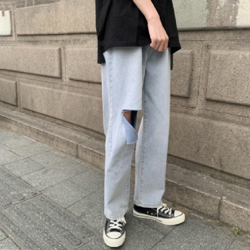 Quần Baggy Nam Rách Gối - Quần Jean Nam Màu Xanh Nhạt Rách Gối Form Chuẩn Hàn Quốc QRG01