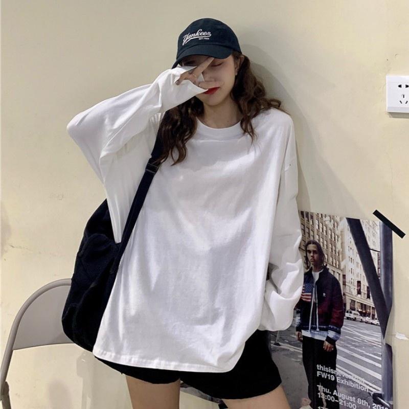 Áo thun tay dài sweater nam nữ TRƠN unisex form rộng teen cổ tròn cotton giá rẻ basic đen trắng freesize ulzzang