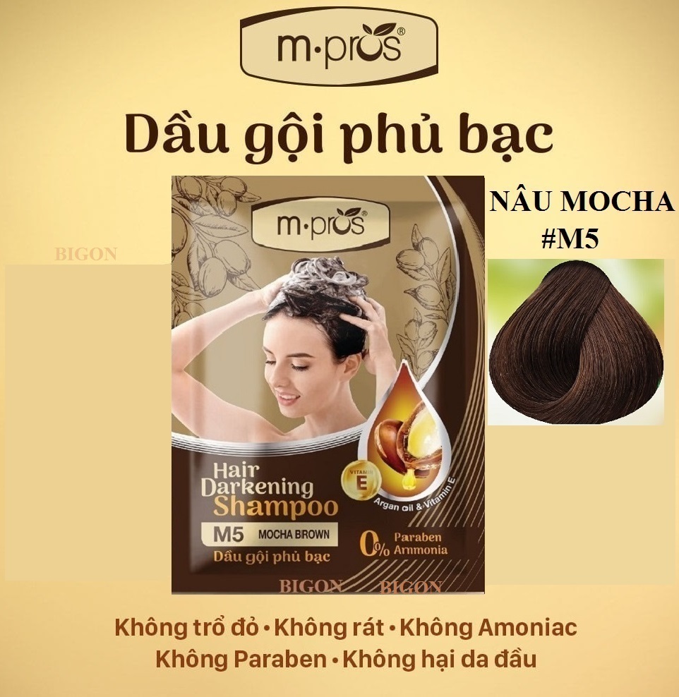 [Nâu Mocha] Dầu Gội Nhuộm Tóc Nâu Phủ Bạc 100% Thảo Dược Siêu Dưỡng M.PROS 25ml - M5