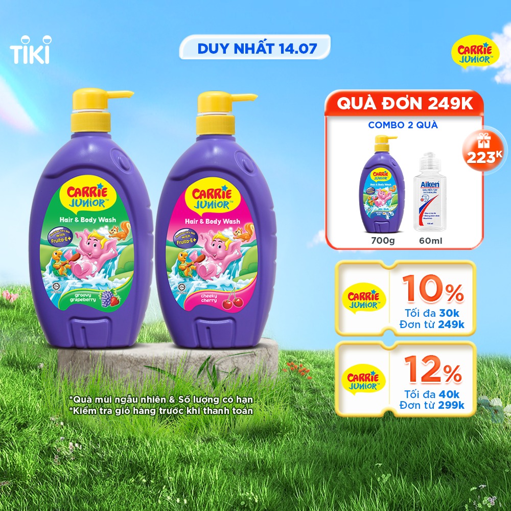 Combo 2 Sữa Tắm Gội cho bé Carrie Junior (700g/chai): 1 Hương Grapeberry + 1 Hương Cherry