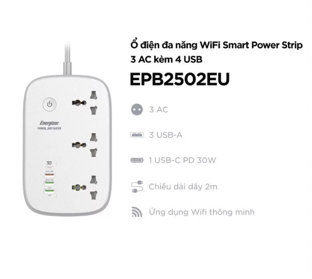 [ Hàng Chính Hãng ] Ổ điện đa năng Energizer 3AC  kèm cổng USB tích hợp Wifi sạc PD 65W chịu tải 3250W