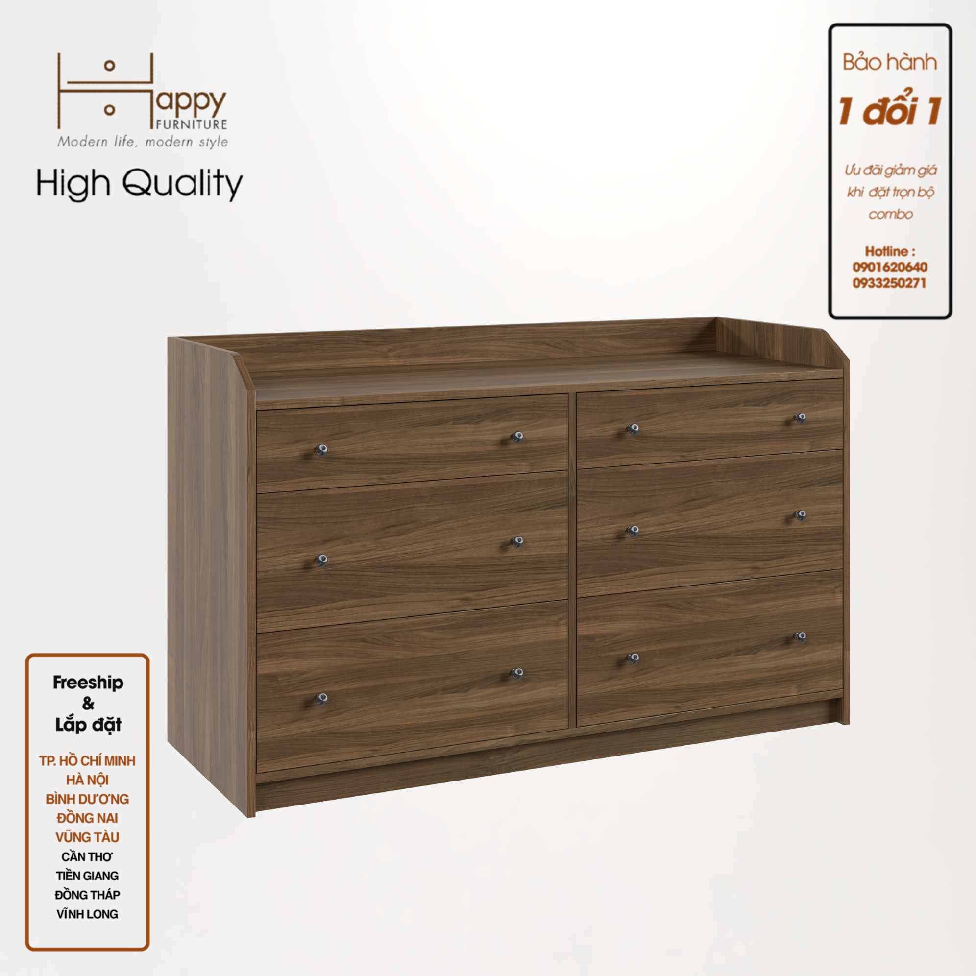 [Happy Home Furniture] CANA,  Tủ 3 tầng - 6 ngăn kéo ,  138cm x 46cm x 84cm ( DxRxC), THK_009