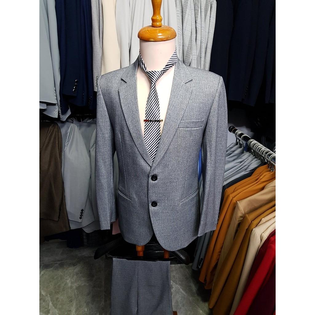 Bộ vest nam kiểu 2 nút chất vải bố cao cấp cực dày mịn (áo vest+quần+cà vạt+kẹp)