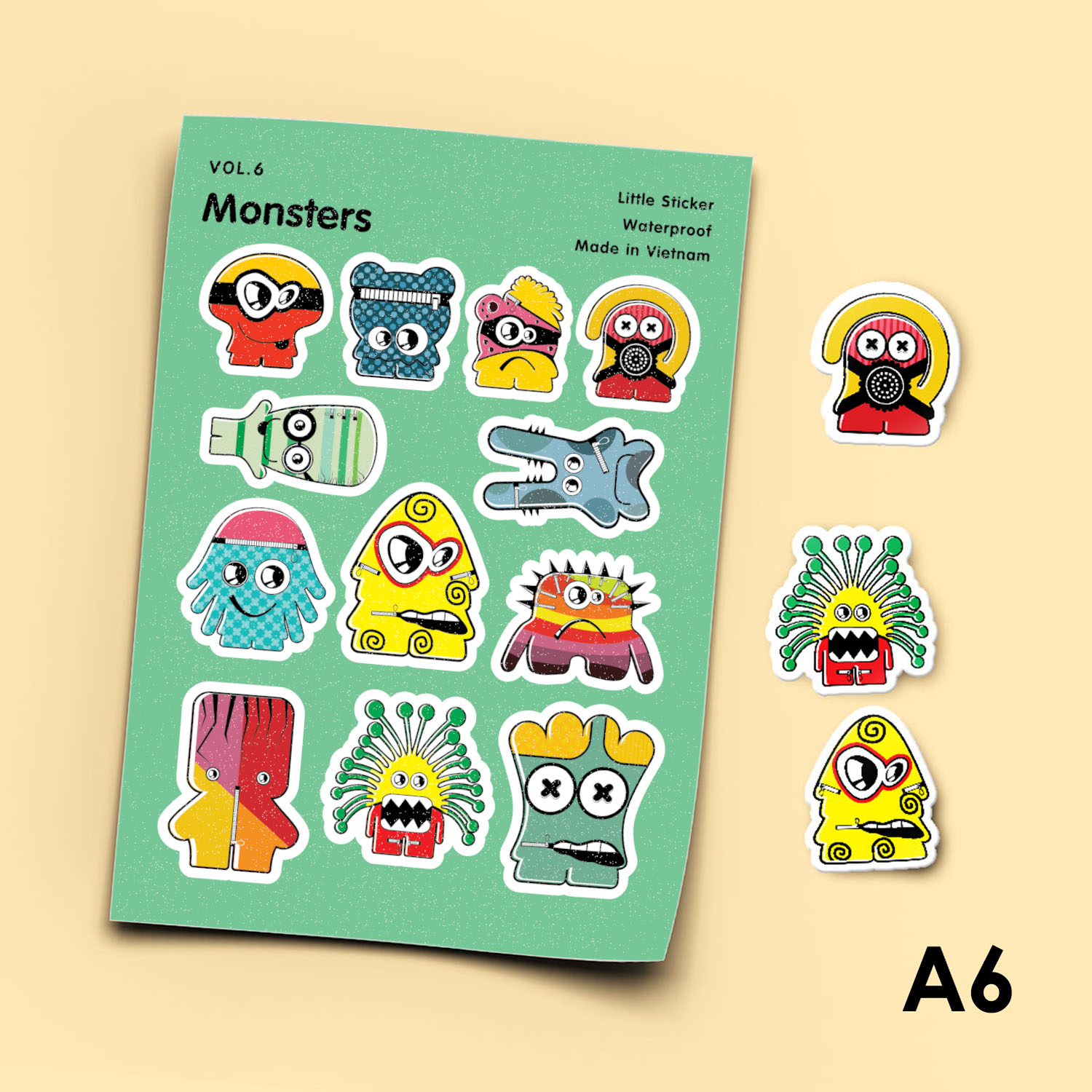 Vol.6 Monsters - Little Sticker Sheet A6 hình dán cán màn lấp lánh cao cấp - Sticker Factory