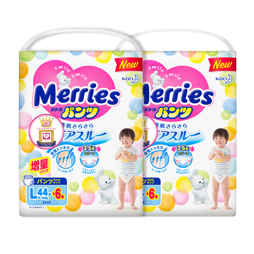 Combo 2 Tã/bỉm quần Merries size L - 44 + 6 miếng