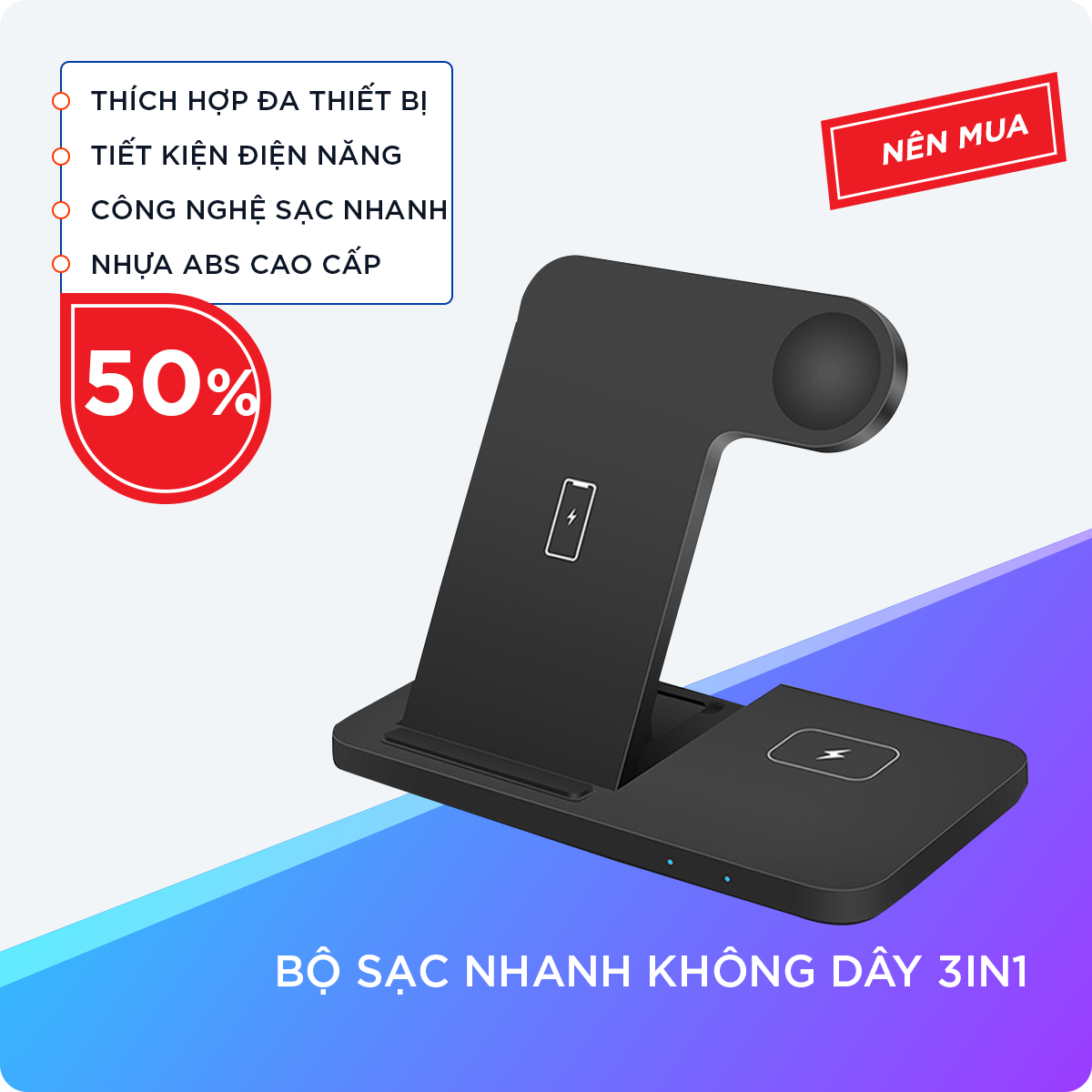 Đế Sạc Nhanh Không Dây 3in1 Tích Hợp Sạc Nhiều Thiết Bị Cùng Lúc