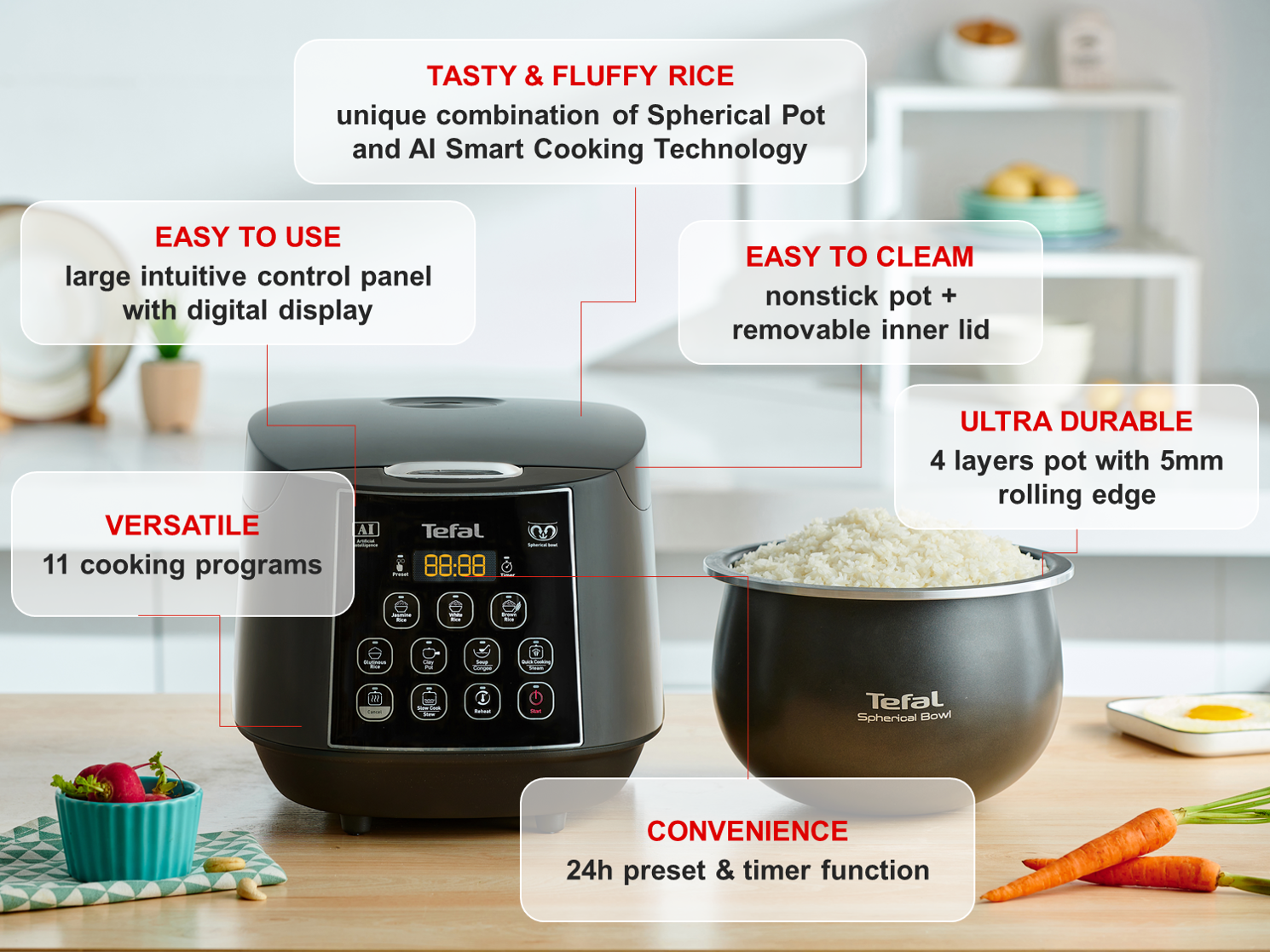 Combo Nồi cơm điện Easy Rice Plus RK736B68 &amp; Chảo chiên sâu lồng 28cm Tefal Unlimited G2551902 - Hàng chính hãng