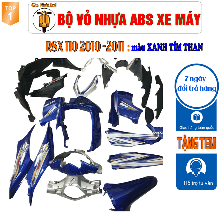 [TẶNG TEM] Dàn áo xe WAVE RSX 110 nhựa nguyên sinh ABS cao cấp màu XANH TÍM THAN  đời 2010 -2011