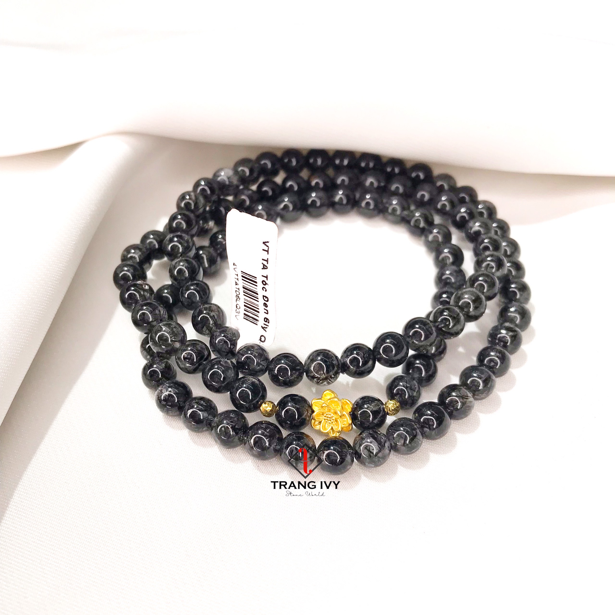 Vòng tay thạch anh tóc đen mix Hoa sen vàng 24k