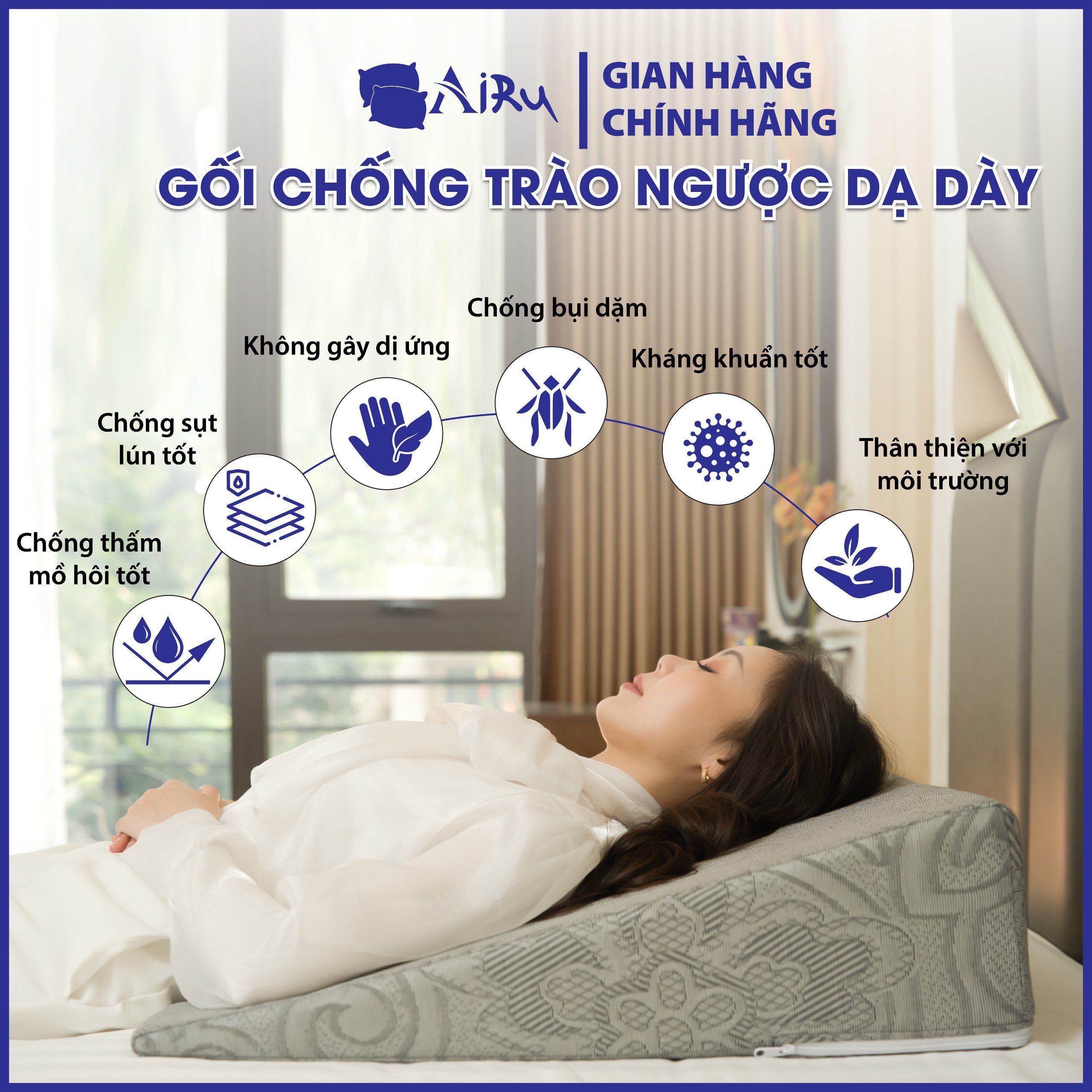 Gối chống trào ngược dạ dày người lớn AIRU kích thước 65x60x18cm- chống trào ngược, ợ chua, ợ hơi, khó thở, ngáy, viêm họng mãn tính