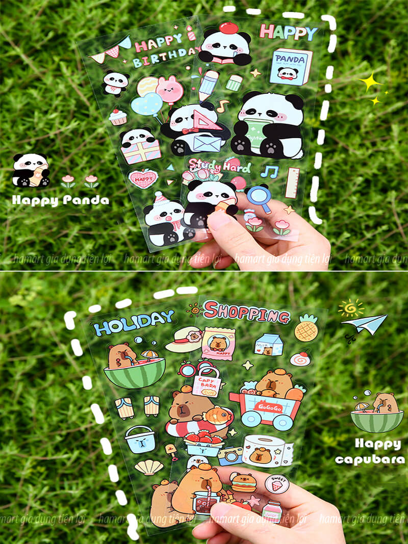 SET 6 Tờ 90 Nhãn Dán Sticker Thỏ Gấu Chuột PET Trong Suốt Cute Không Thấm Nước Trang Trí Dễ Thương - SET 6 Tờ Thỏ &amp; Gấu